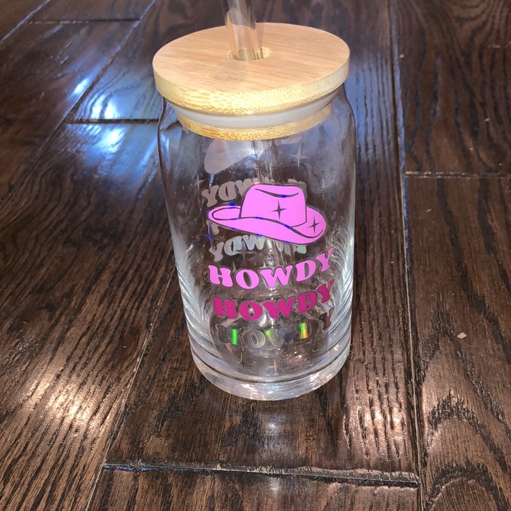 Howdy Howdy howdy pink country cowboy hat iced coffee glass cup glass straw